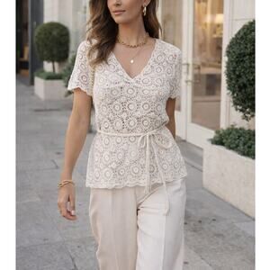 Vintage Ivory Crochet Lace V-Neck Top Boho Cottagecore Festival Women’s Large